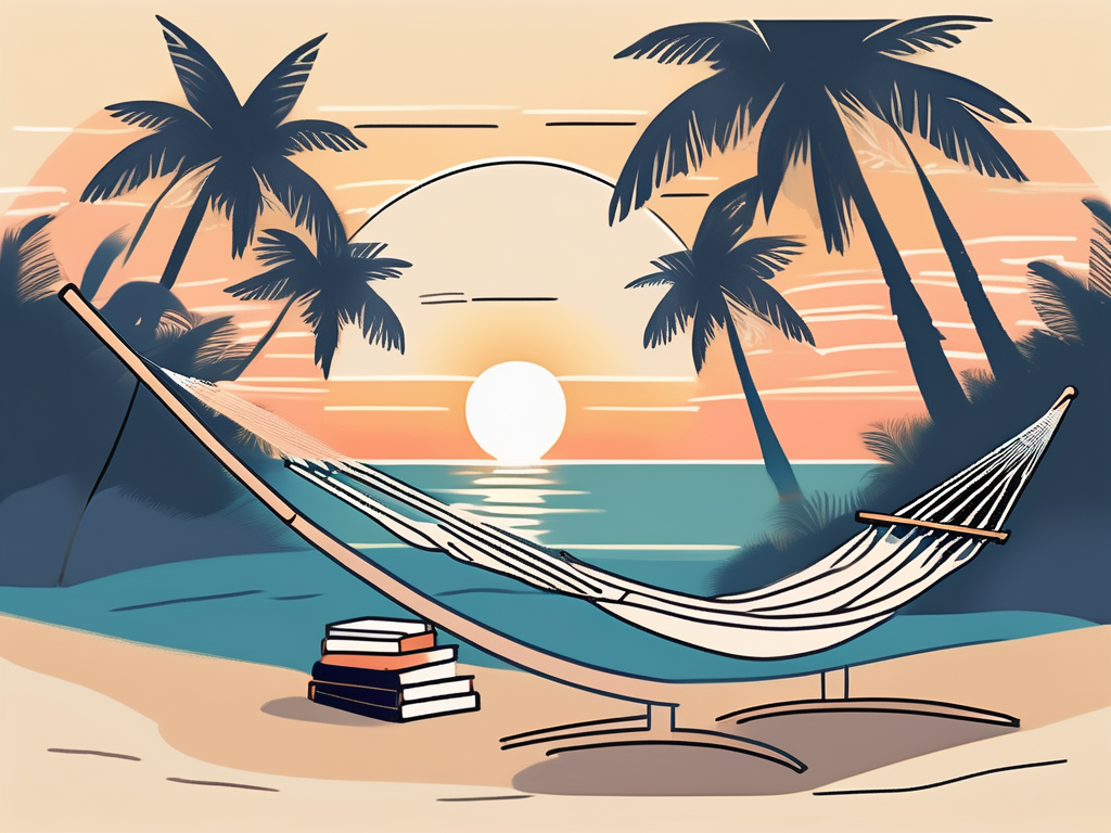 A serene landscape featuring a tranquil beach with a hammock tied between two palm trees