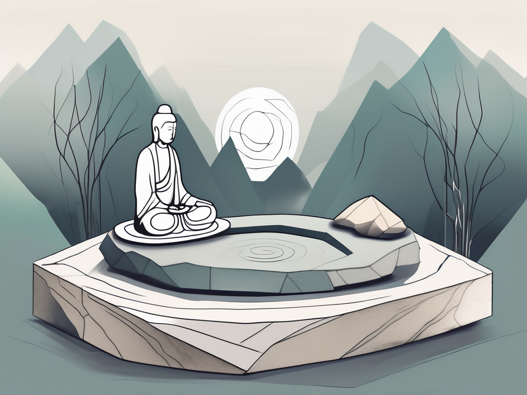 A serene zen garden with a shattered stone statue