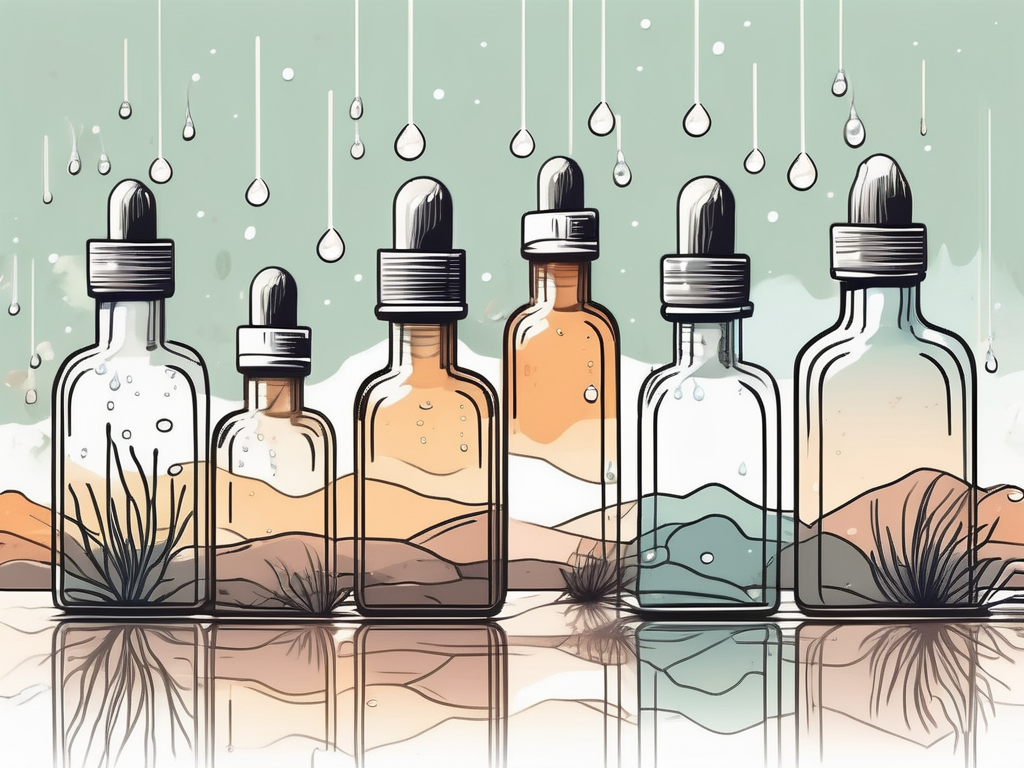 An assortment of essential oil bottles with droplets falling into a serene