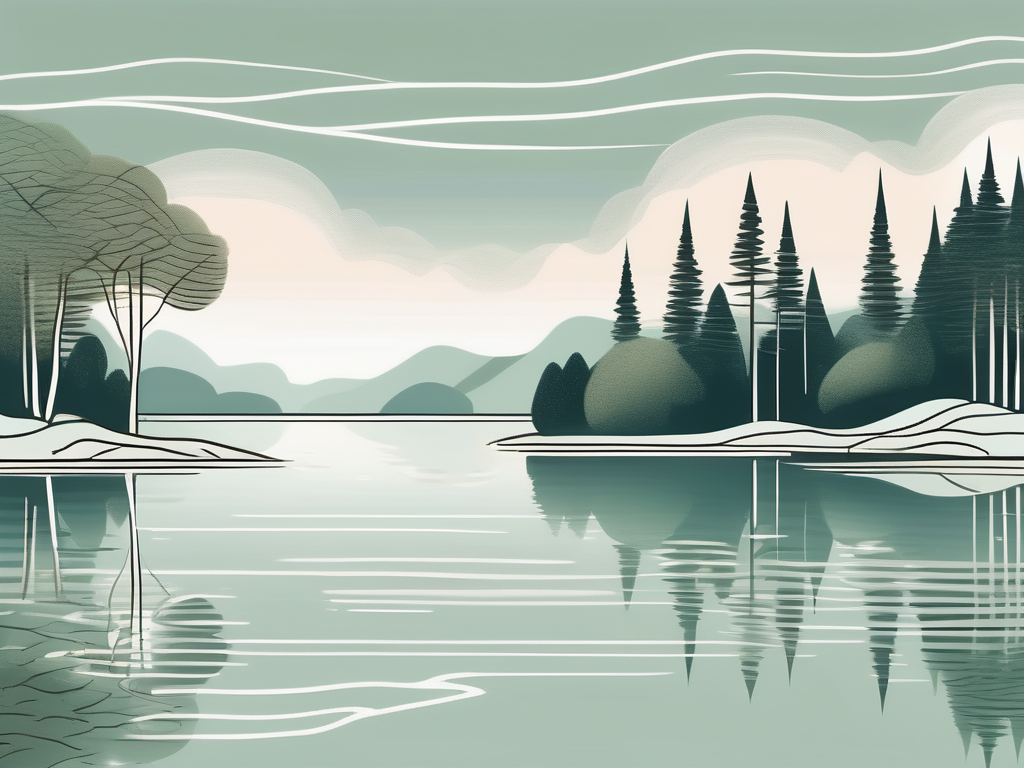 A serene landscape with a tranquil lake surrounded by lush trees