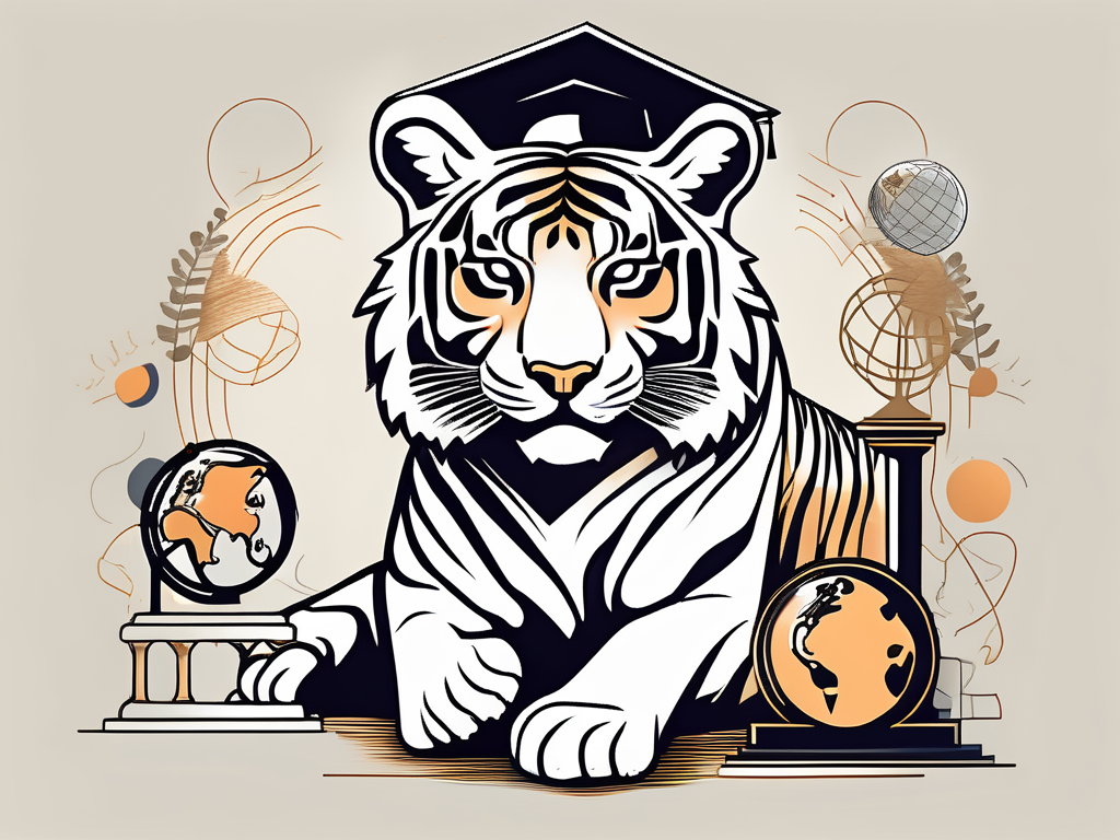 A tiger in a nurturing posture with various symbols of modern success like a graduation cap