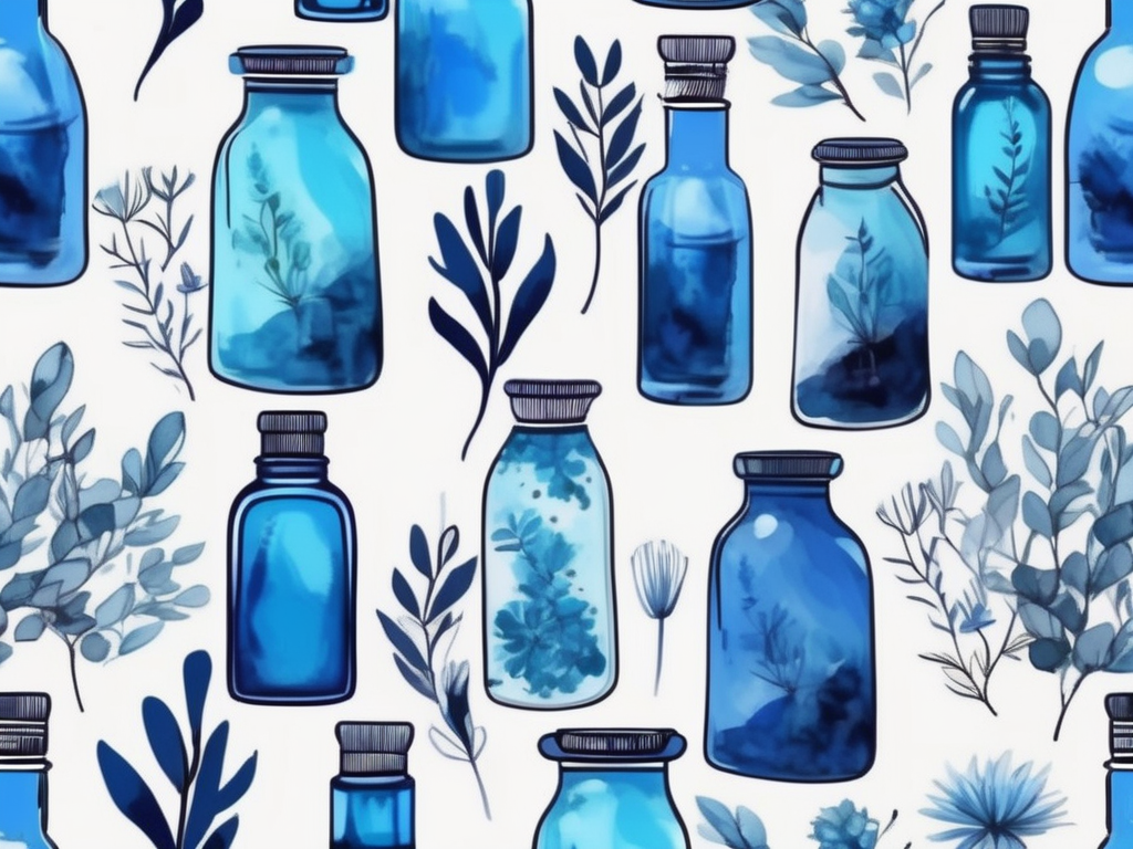 A variety of vibrant blue oil bottles arranged aesthetically