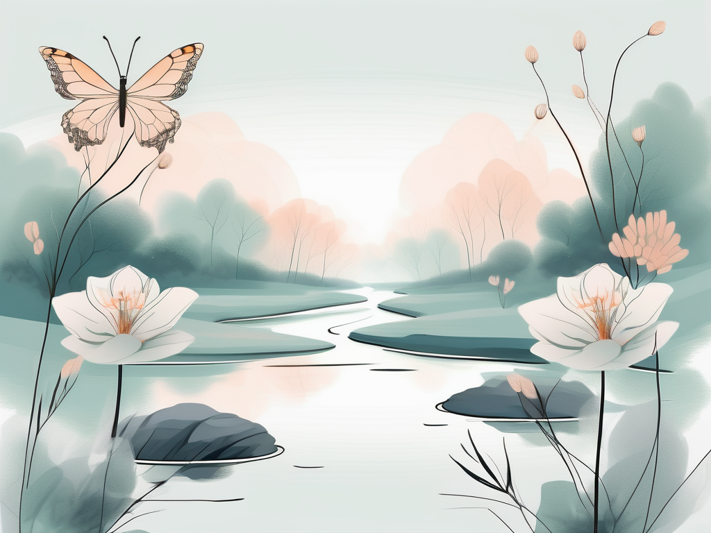 A serene landscape with elements symbolizing calmness and well-being