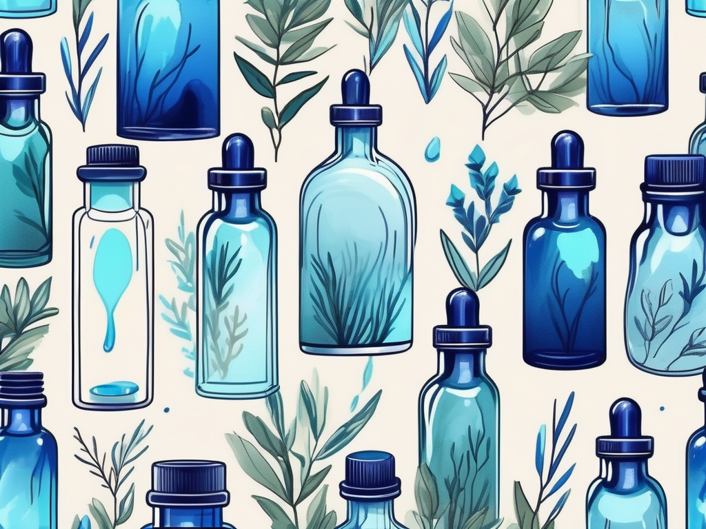 A collection of vibrant blue essential oil bottles