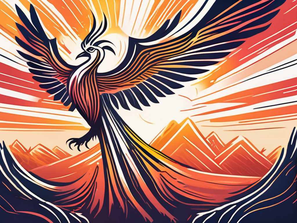 A phoenix rising from the ashes against a backdrop of a vibrant sunrise