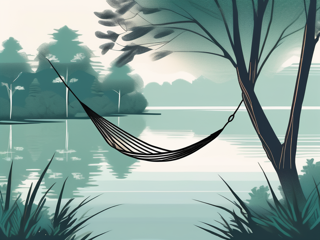 A serene landscape featuring a calm lake surrounded by lush trees