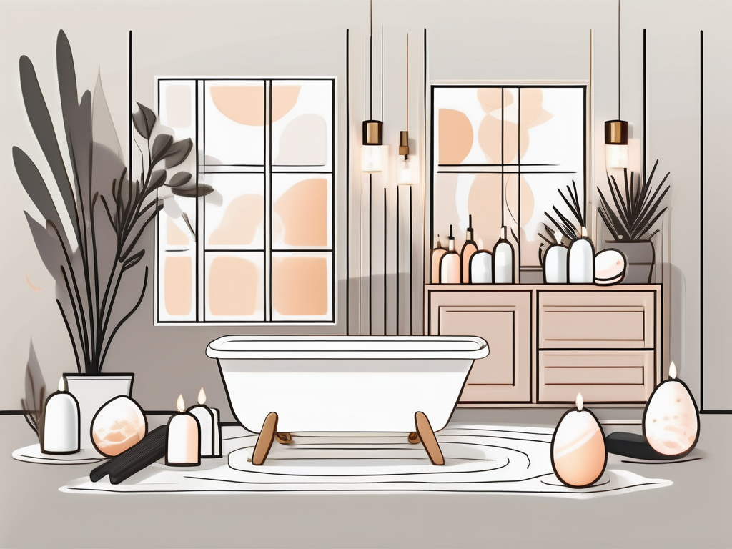 A luxurious spa setting with various self-care items like candles