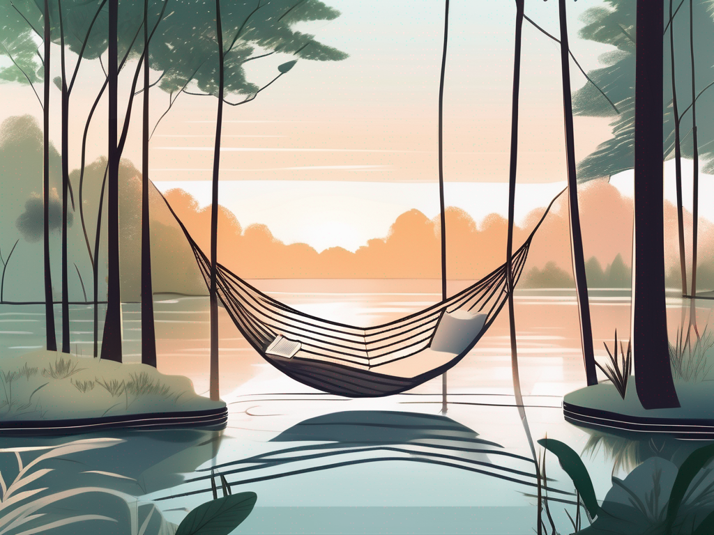 A tranquil scene featuring a serene lake surrounded by lush greenery
