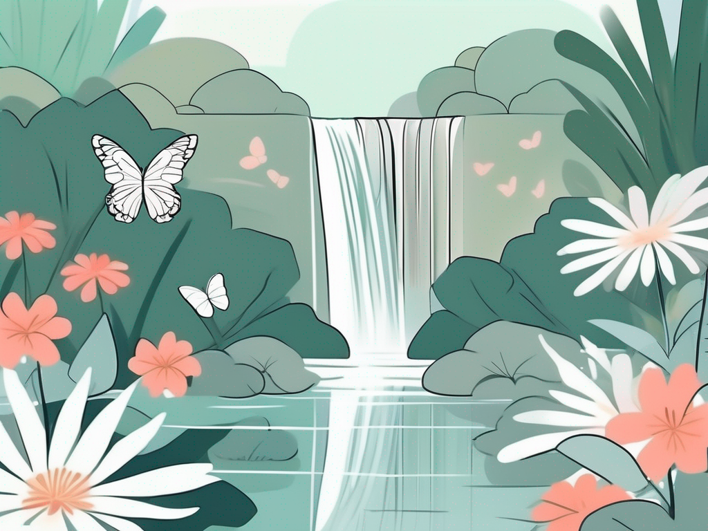 A tranquil garden with a serene waterfall