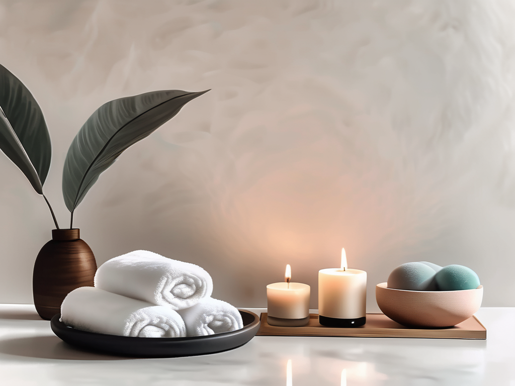 A serene spa setting with various self-care items like candles