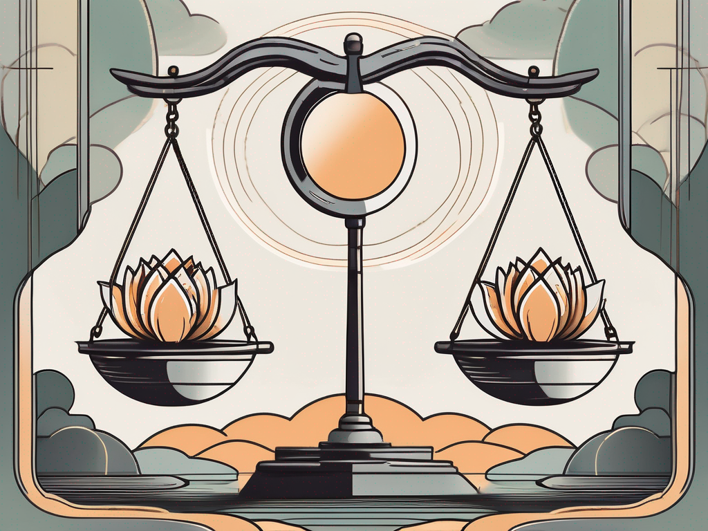 A balanced scale with one side holding a briefcase symbolizing career and the other side holding a lotus flower symbolizing zen