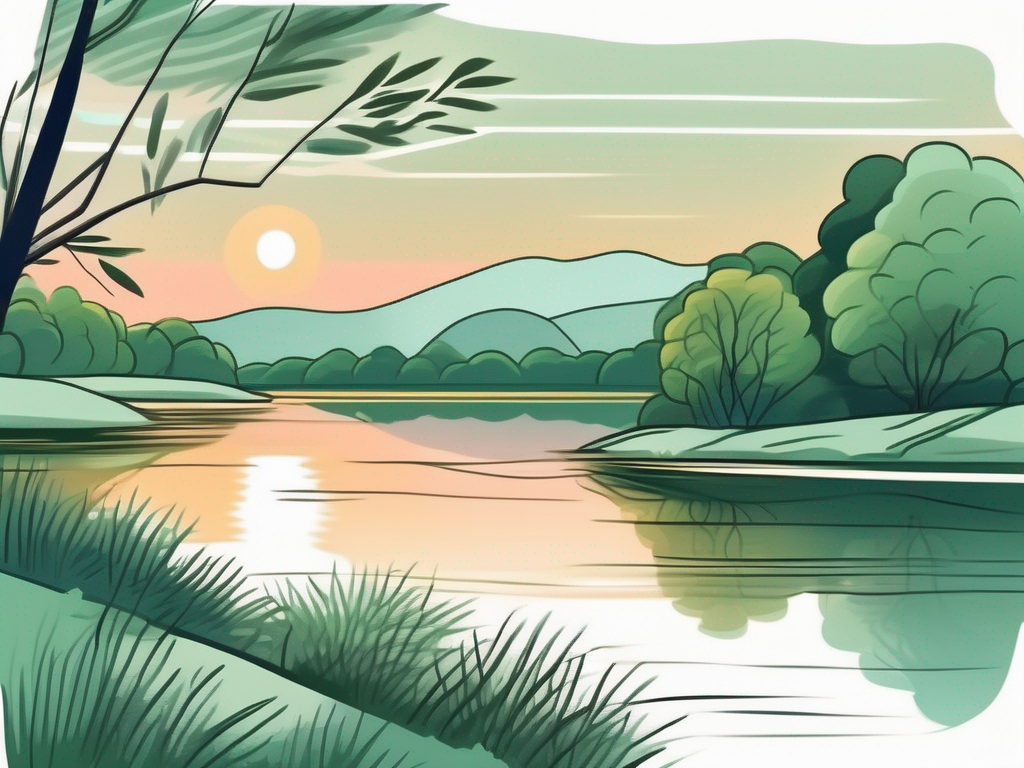 A serene landscape with a calm river flowing through it