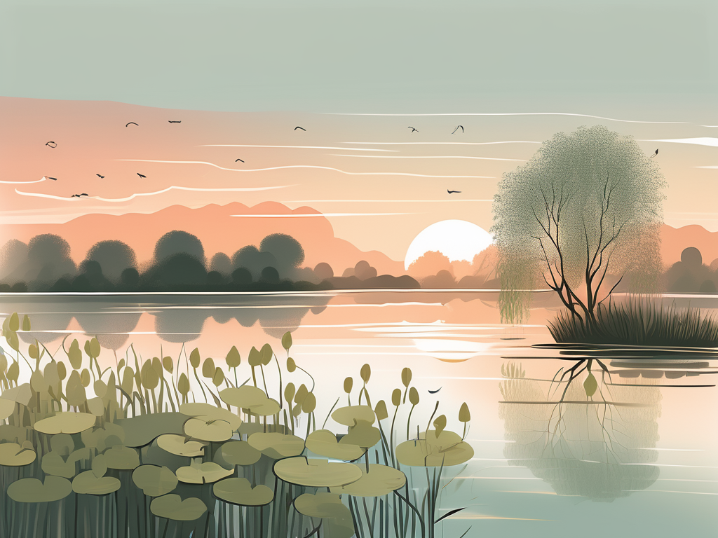 A serene landscape featuring a tranquil lake with lily pads