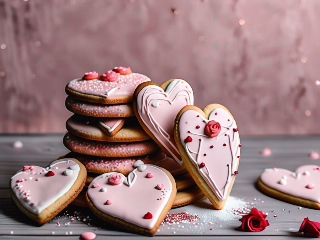 A variety of heart-shaped cookies decorated with icing and sprinkles