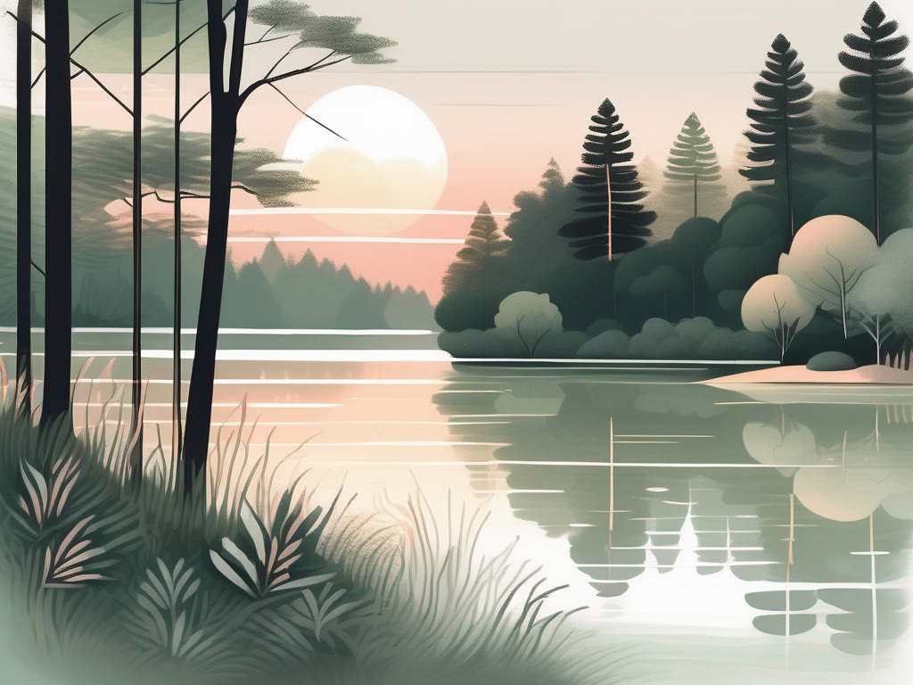 A serene landscape featuring a tranquil lake surrounded by lush trees