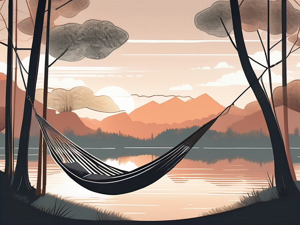 A serene landscape with a hammock hanging between two trees