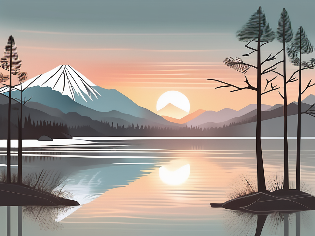 A serene landscape with a calm lake reflecting the peaceful sunset