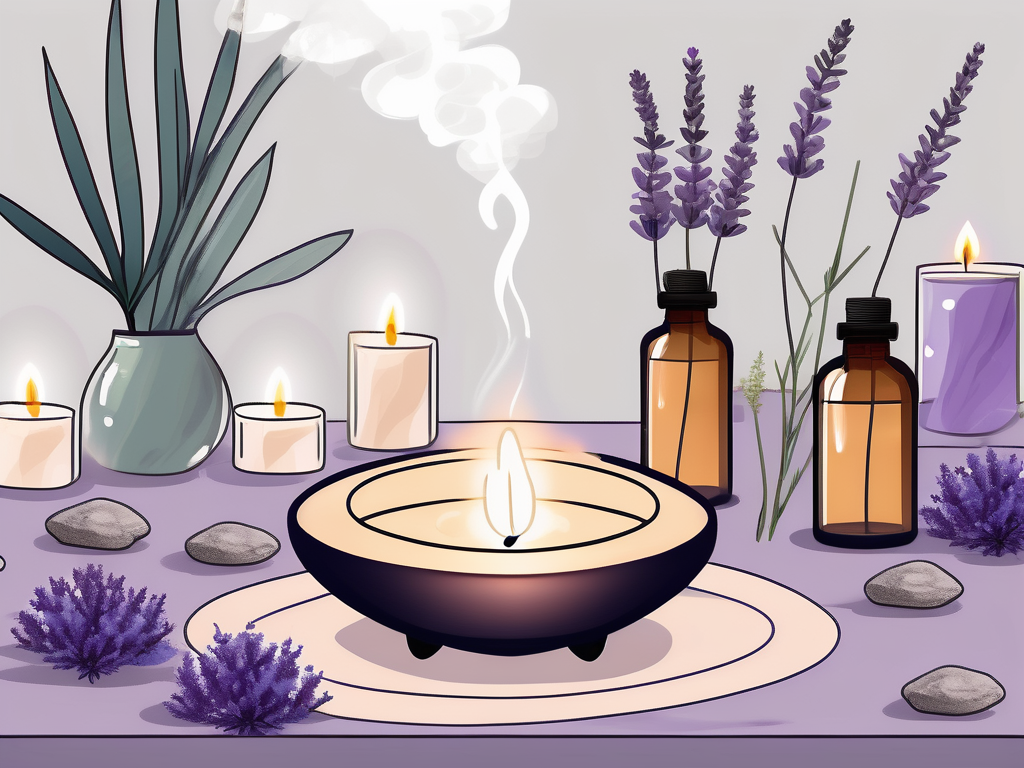 A tranquil setting with an aromatherapy diffuser gently releasing steam infused with various essential oils like lavender