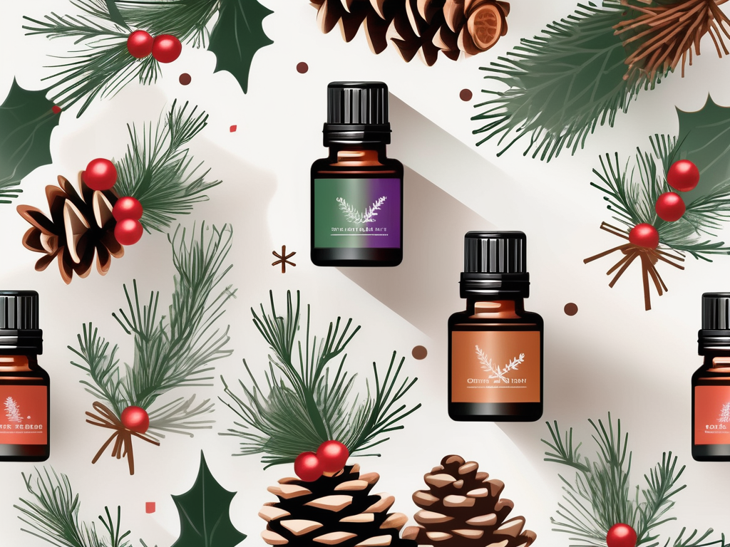 A collection of 10 different essential oil bottles with festive elements like holly