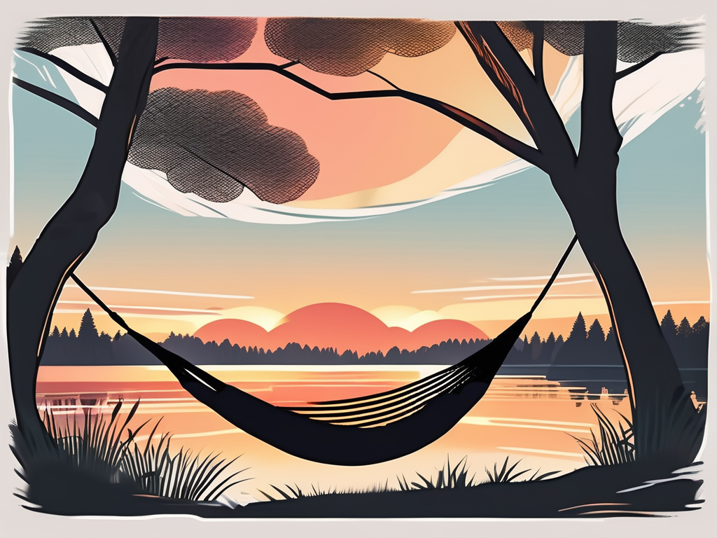 A serene landscape featuring a hammock between two trees